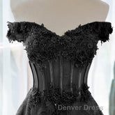 A-Line Off Shoulder Black Tulle With Lace Party Dresses, Black Long Prom Dresses